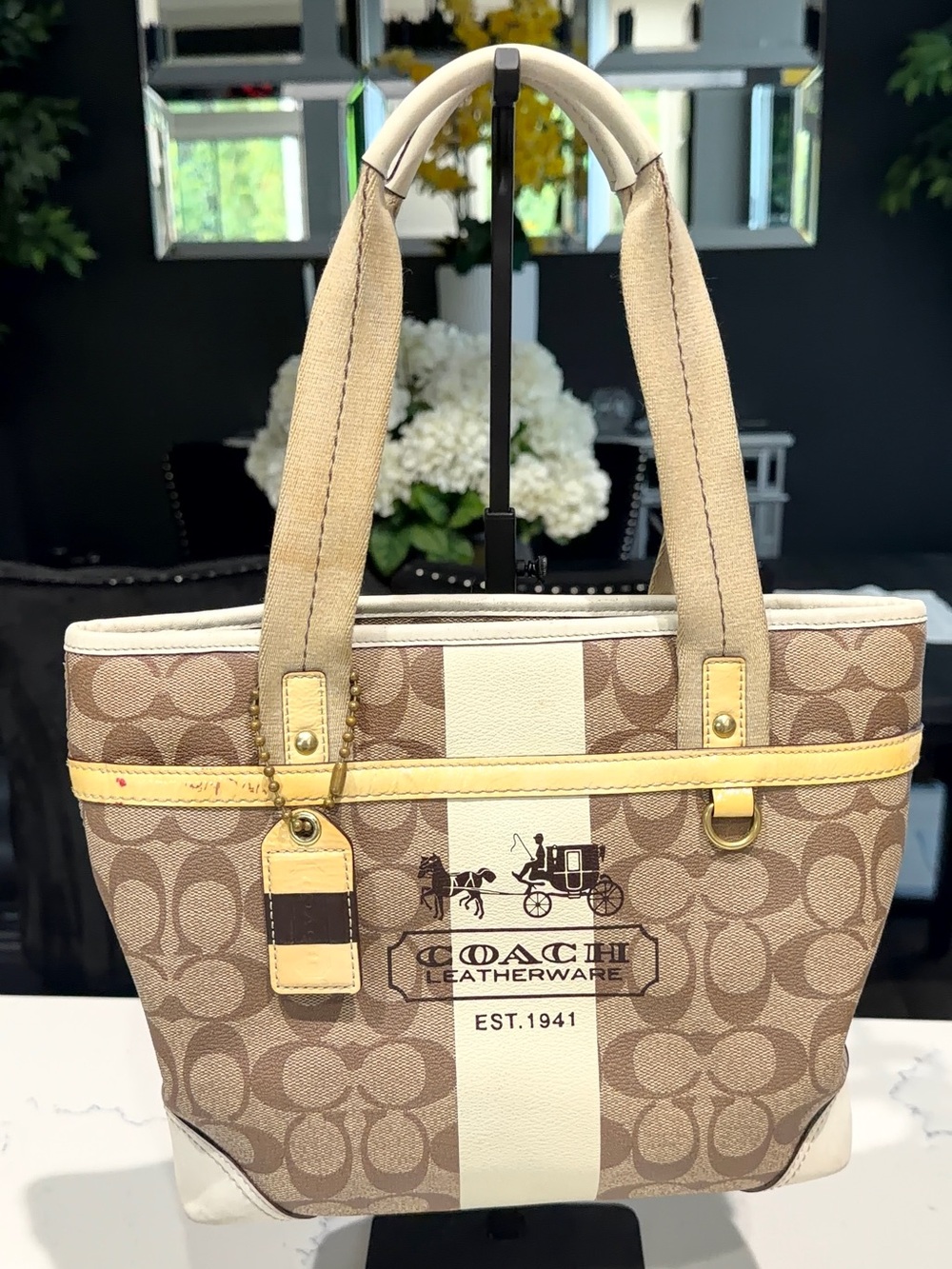 Coach Canvas Tote with Brown Signature and Cream Center Stripe